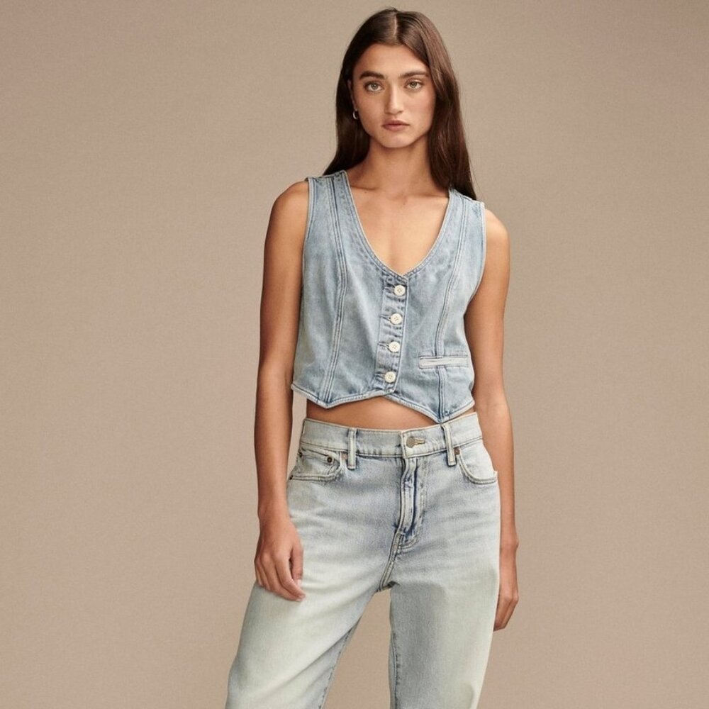 NWT Lucky Brand Women's denim jean vest white buttons Large